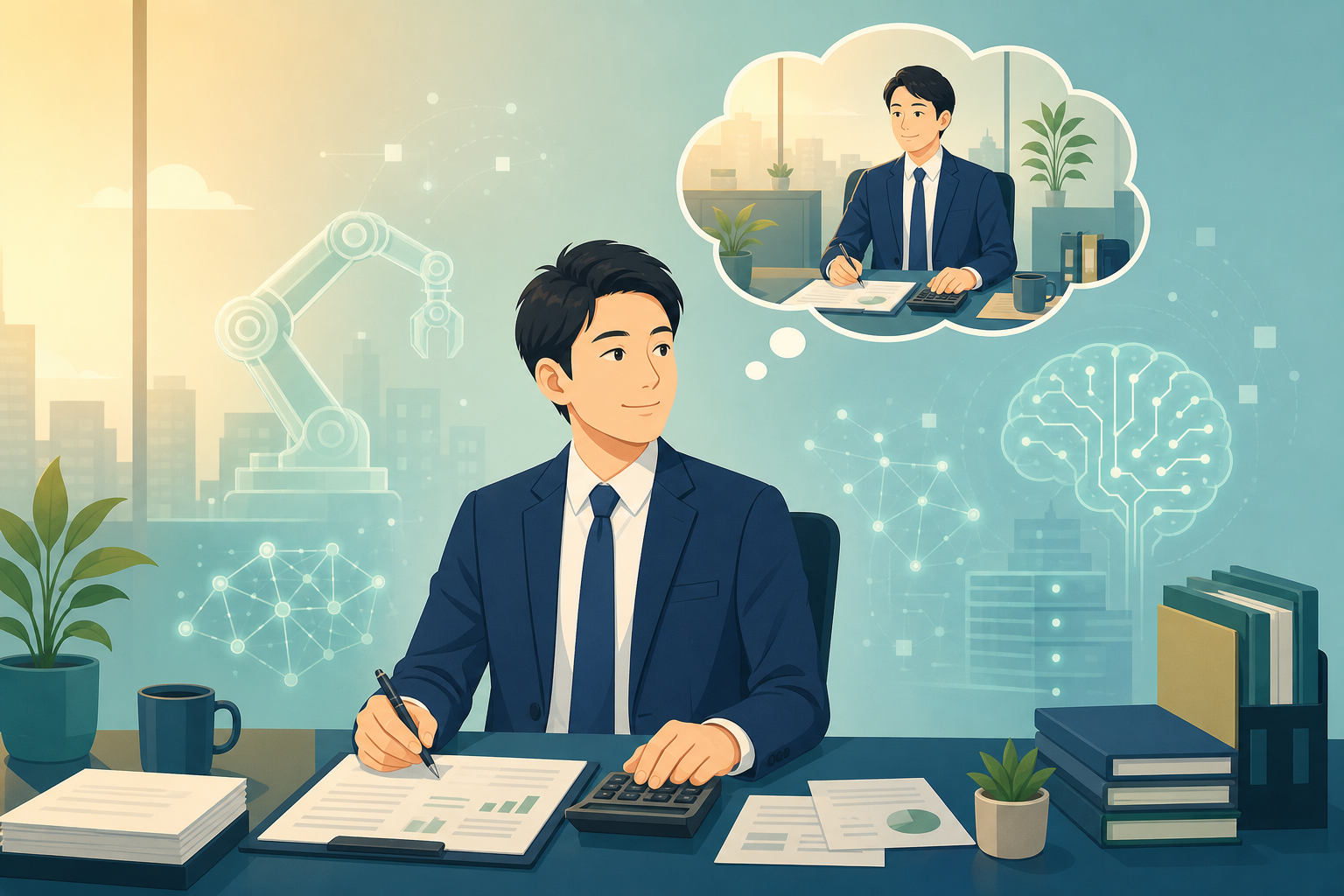 AIの変化に動じず、平静に仕事を続ける日本のサラリーマンのイメージ