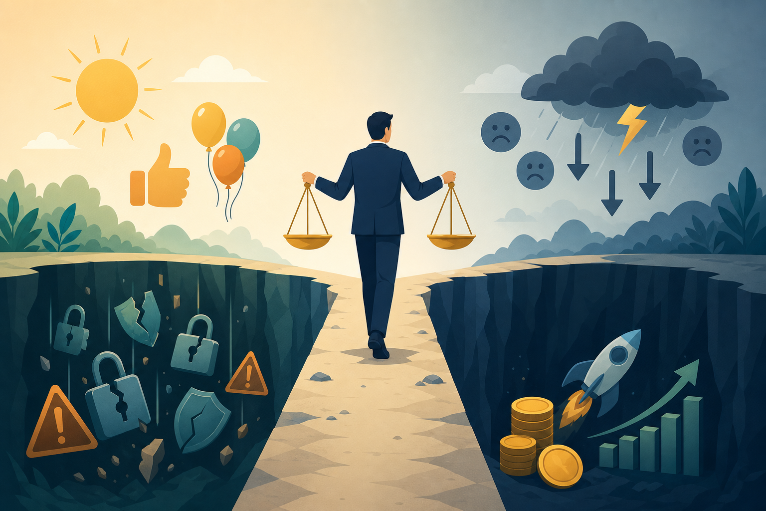 楽観論の罠と悲観論の罠の間で天秤を持ってバランスを取る経営者のイメージ