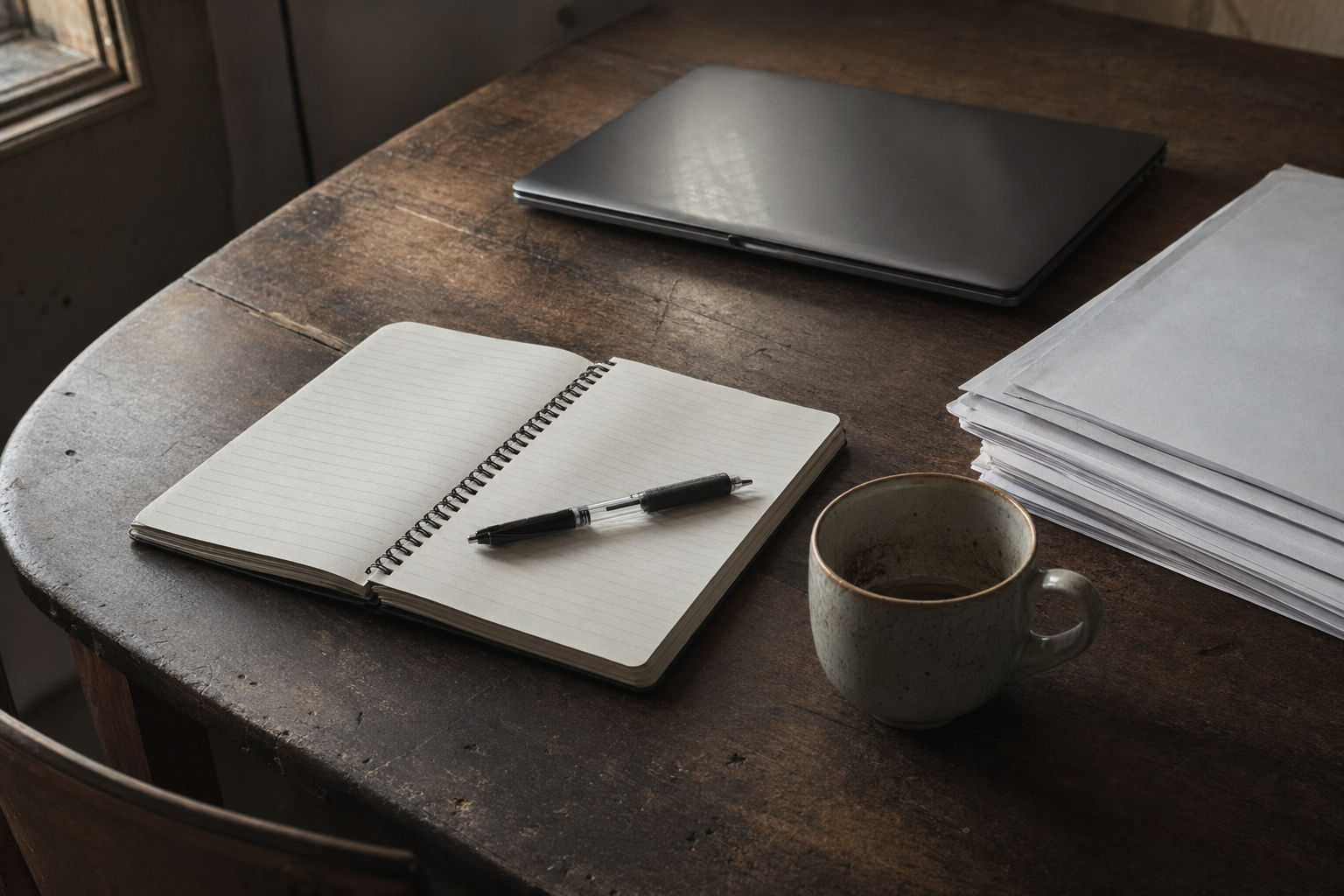 書きかけのノートとコーヒーカップが置かれた古びたオフィスデスクの俯瞰写真。思案の途中で手が止まった雰囲気。