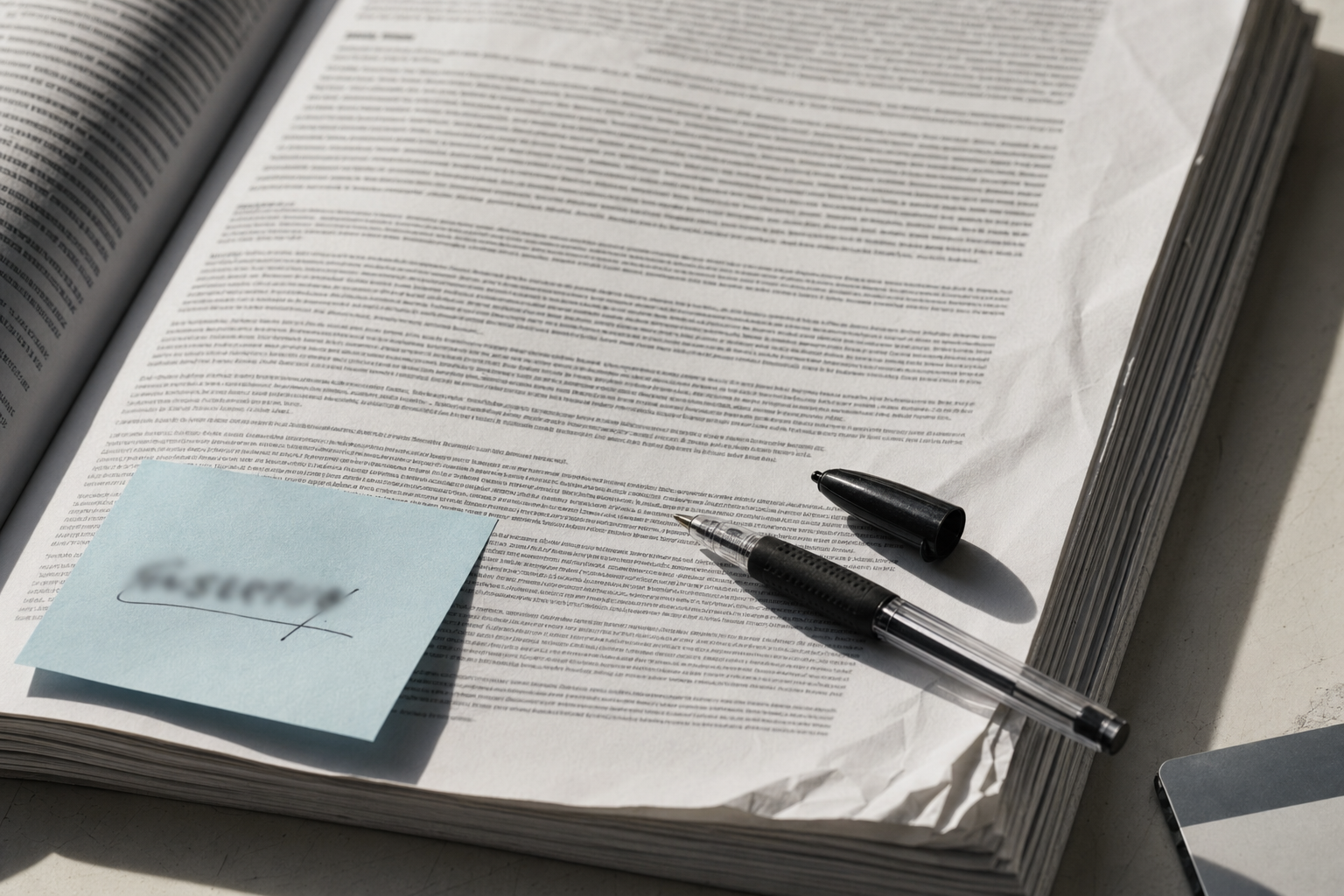 細かい条項が並ぶ契約書と、ペン、クレジットカードの端が見える机上の接写。判断を急かす空気が漂う。
