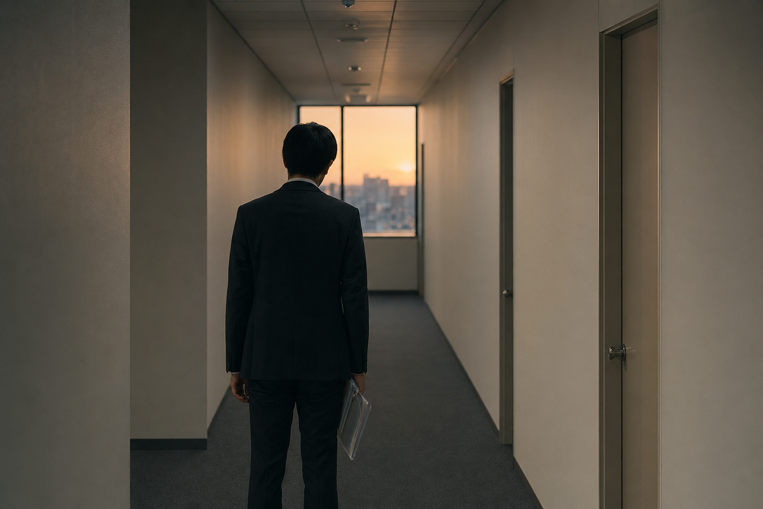 夕方のオフィスビルの廊下。一人の男性がクリアファイルを持って列に並んでいる。後ろ姿のみ。