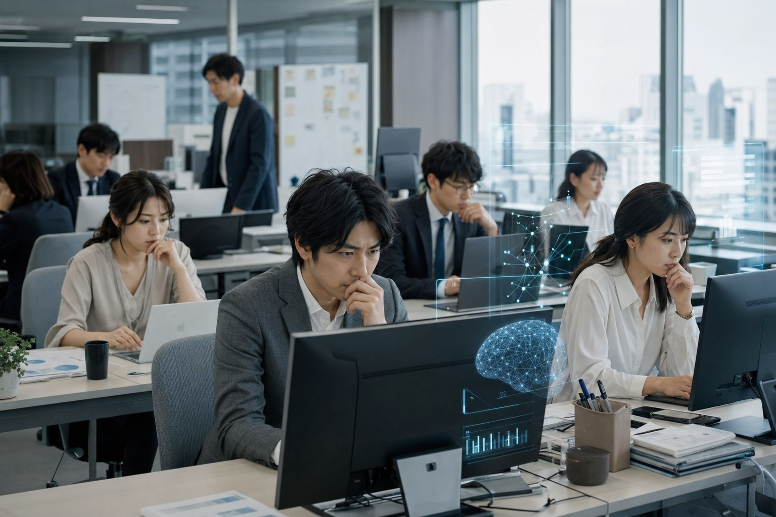 GPT-4.1が指示した画像：AIを使うオフィスワーカーたち