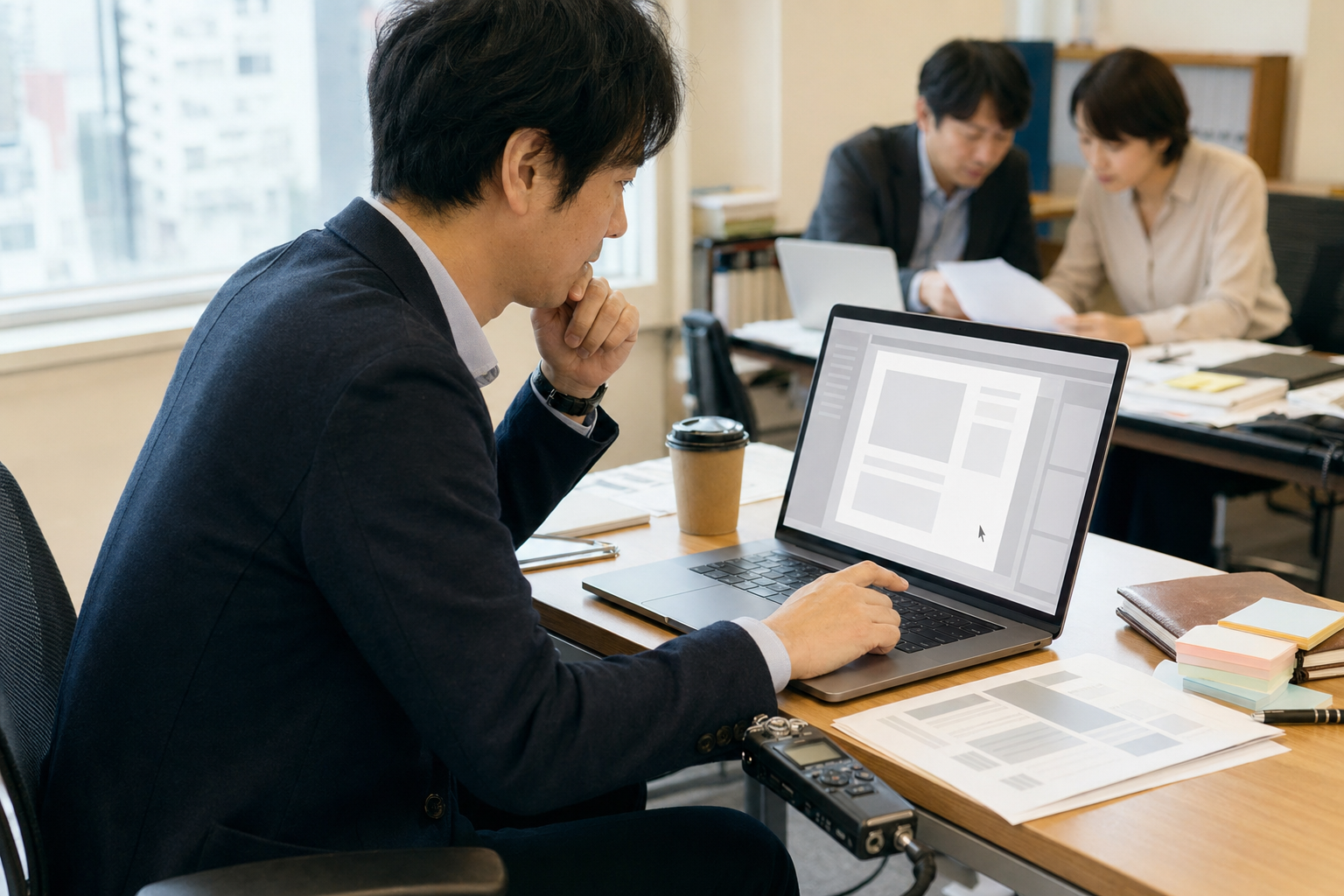 GPT-5.5 Proが指示した画像：オフィスでAIを使う日本人ビジネスパーソン