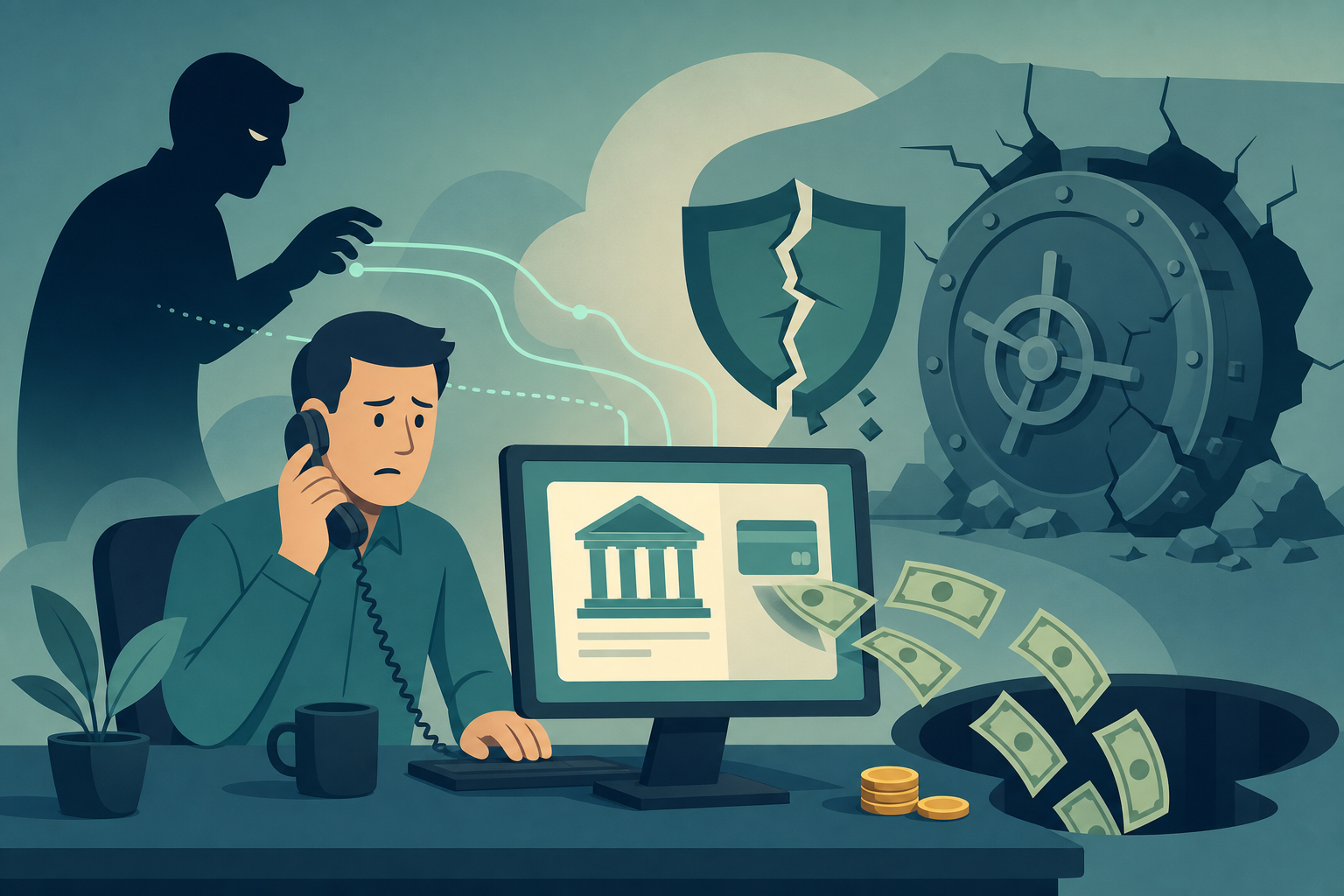 会社のPCが遠隔操作され、銀行口座から資金が流出していくイメージ